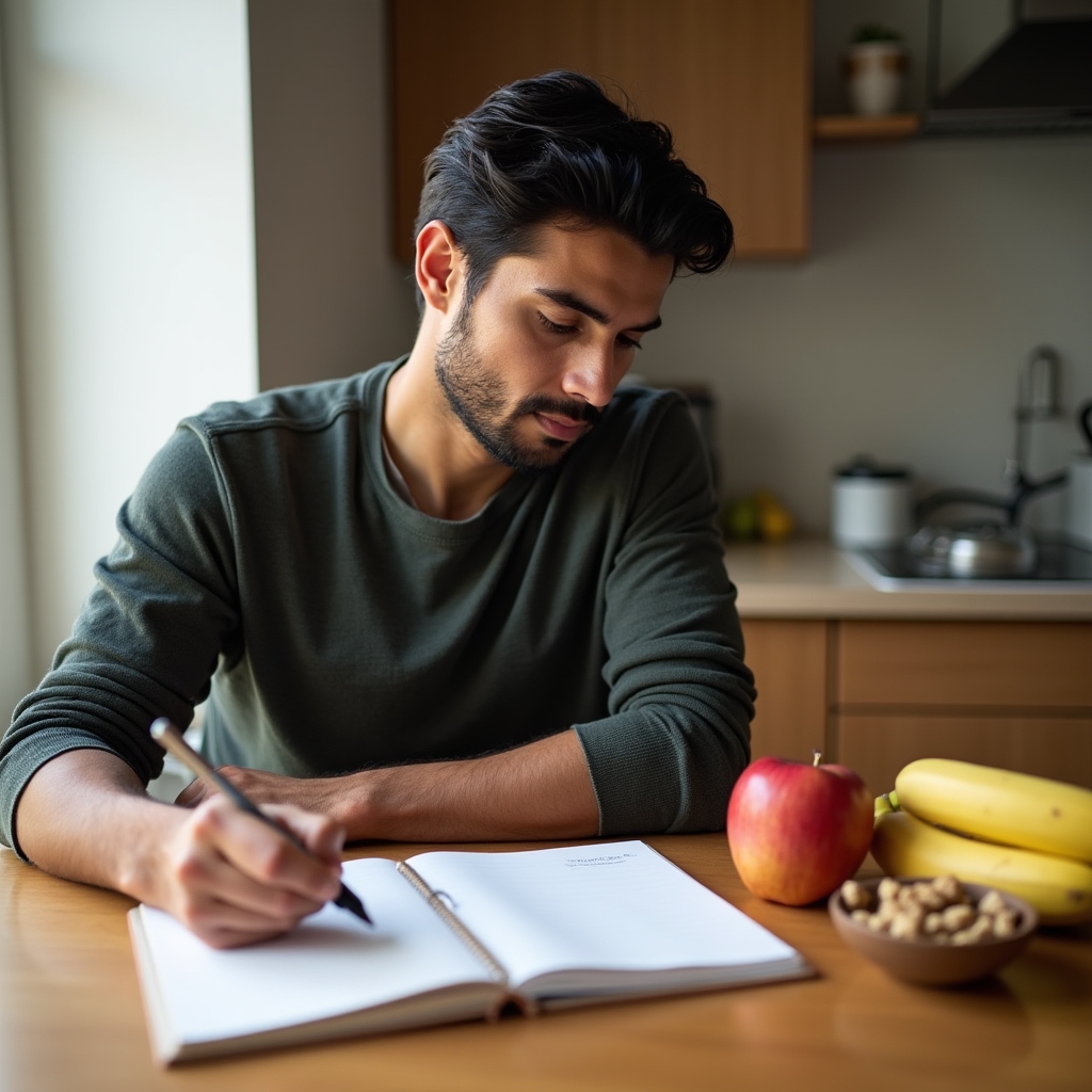 Person reviewing a simple meal plan notebook on a kitchen table with fresh produce visible