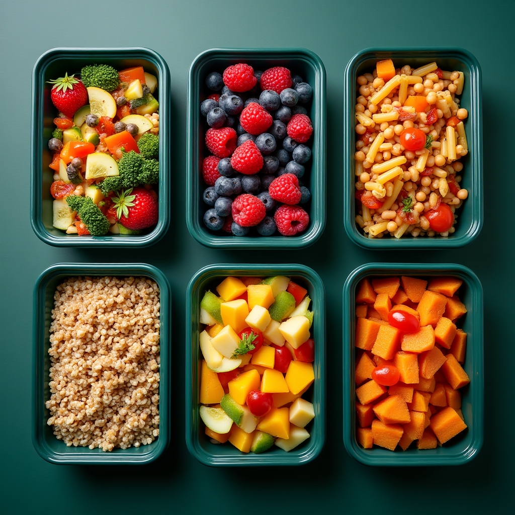 Colorful meal prep containers with whole grains and vegetables