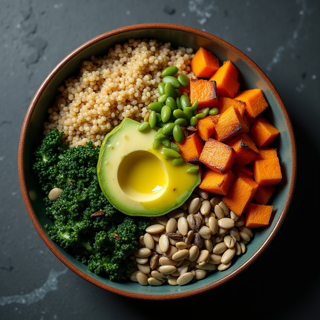 Colorful grain bowl with vegetables, legumes, and seeds for post-exercise recovery